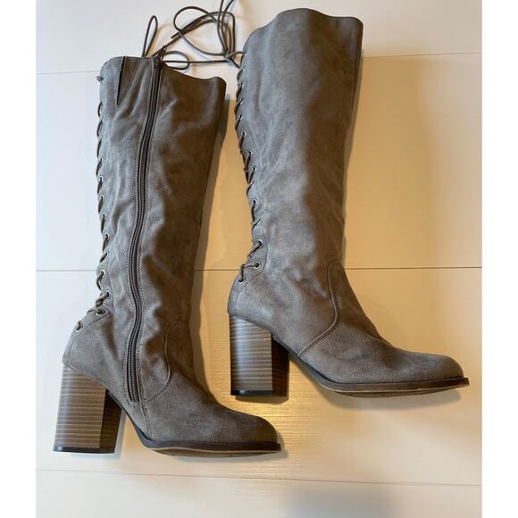 Solely Black By BKE Landon Tall Lace Back Heel Boots Knee High Size 7.5 Taupe - Picture 11 of 16